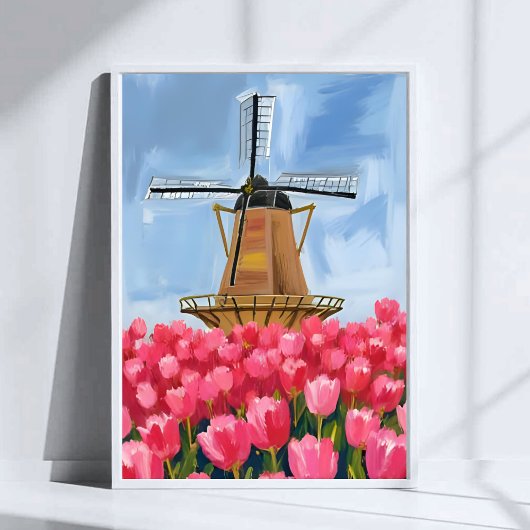 Poster Dutch Windmill Tulip Flower Field Watercolor Art
