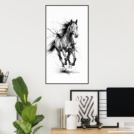 Poster Dynamic Black and White Horse (Bureau à domicile)
