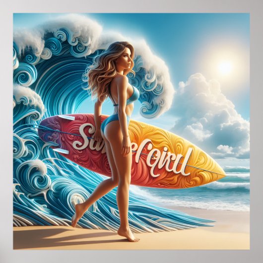 Poster Dynamic Surfer Girl Walking Beach Waves Art (Devant)