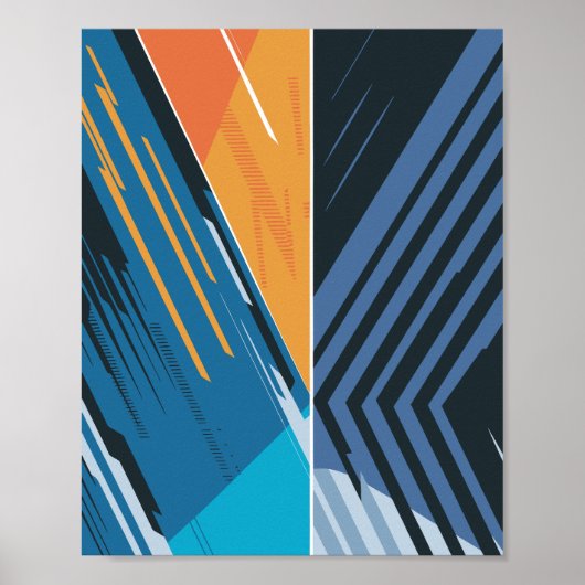 Poster Dynamique géométrique Abstrait en bleu et orange (Devant)