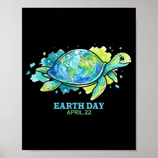 Poster Earth day watercolor sea turtle globe shell save (Devant)