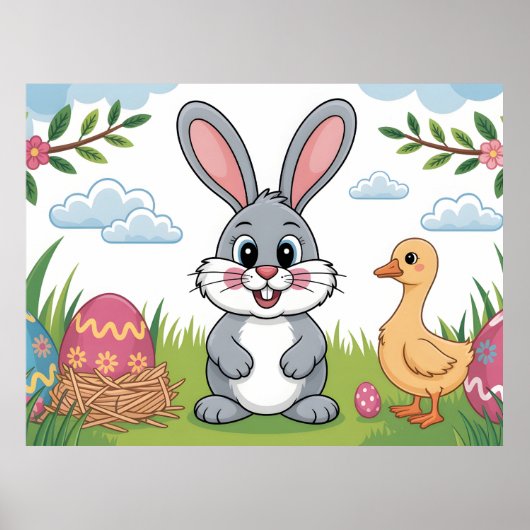 Poster Easter Bunny and Duckling in Spring Meadow (Devant)