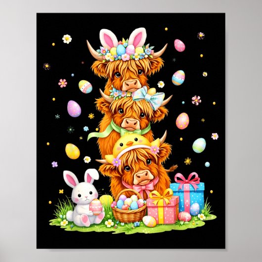 Poster Easter highland cows coquette bow bunny eggs easte (Devant)