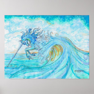 Poster Eau Mer Océan Unicorne Leaping Corne Longue