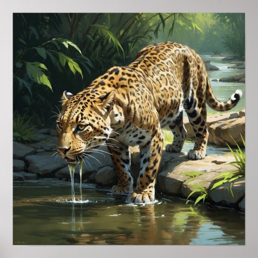 Poster Eau potable Leopard unique dans la peinture fluvia (Devant)