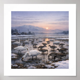 Poster Eaux silencieuses – Cygnes et oies dans un champ d