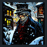 Poster Ebenezer Scrooge Victorian Christmas Winter Scène<br><div class="desc">Une scène artistique et illuminée de Londres victorienne en hiver avec le vieux Ebenezer Scrooge grincheux marchant à travers le village.</div>