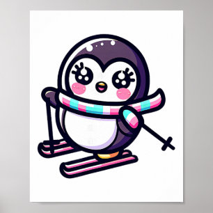 Poster Écharpe rayée Adorable Manchot de Ski Hiver Neige