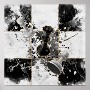 Poster Échecs art abstrait Aquarelle et or