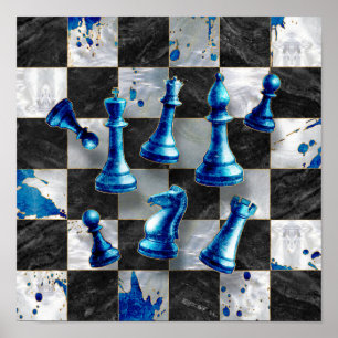 Poster Échecs Art Abstrait - Marbre Bleu