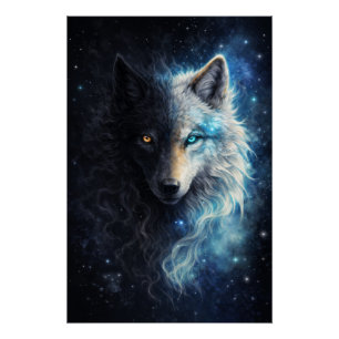 Poster Écho de la dualité – Loup jumeau cosmique Sombre