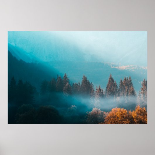 Poster Éclairant une forêt automnale brumeuse (Devant)
