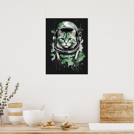 Poster Éclat de chat de l'astronaute vert (Cuisine)