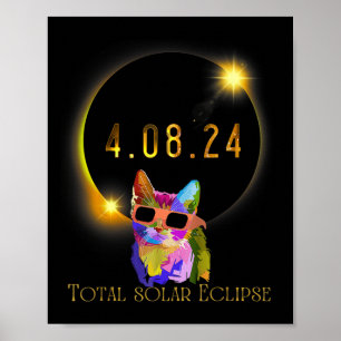 Poster Éclipse solaire 2024 Chat portant un verre Éclipse
