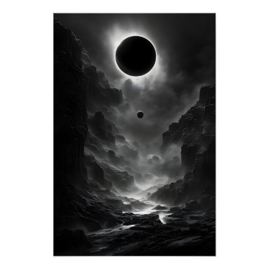 Poster Éclipse solaire noire et blanche à la nuit (Devant)