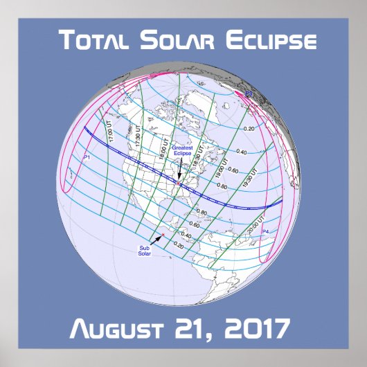 Poster Éclipse solaire totale 2017 Trajectoire globale (Devant)
