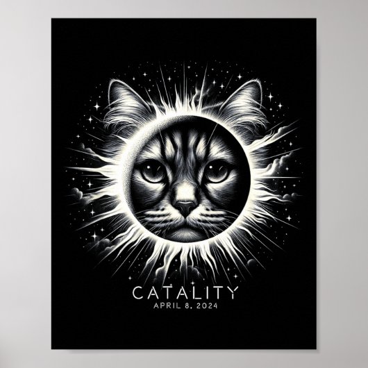 Poster Éclipse solaire totale 2024 Drôle Catality Chat Av (Devant)