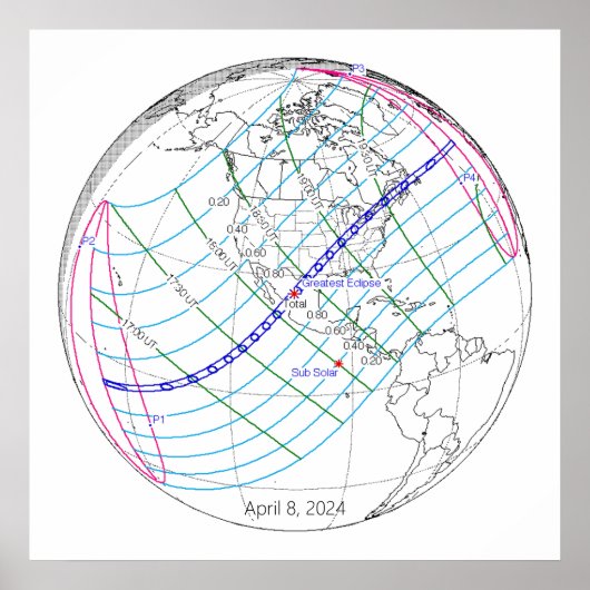 Poster Éclipse solaire totale 2024 Trajectoire globale (Devant)