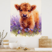 Poster Écossais Highland Vache Calf Violet Fleurs sauvage (Cuisine)