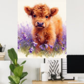 Poster Écossais Highland Vache Calf Violet Fleurs sauvage (Bureau à domicile)