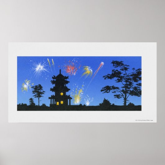 Poster Écran de feu et silhouette de pagode (Devant)