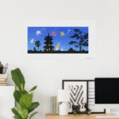 Poster Écran de feu et silhouette de pagode (Bureau à domicile)