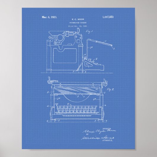 Poster Écran de machine à écrire 1923 Brevet Art Blueprin (Devant)