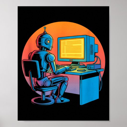 Poster Écran d'ordinateur de codage de robot rétro drôle (Devant)