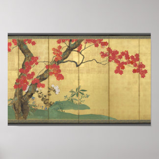 Poster Écran Sakai Hōitsu - Cerisiers et érables