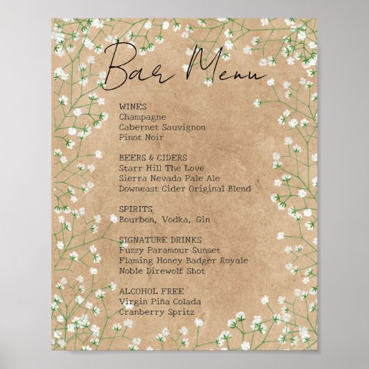 Poster Écriteau de menu de bar de mariage floral rustique (Devant)