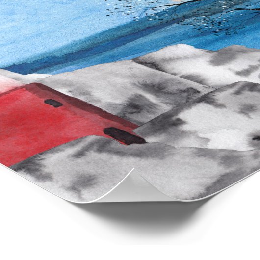 Poster Écriture de la scène d'aquarelle du phare de Monog (Coin)