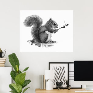 Poster Écureuil à l'aquarelle faisant griller Marshmallow