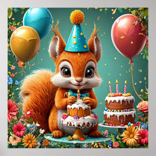 Poster Écureuil adorable célébrant son anniversaire