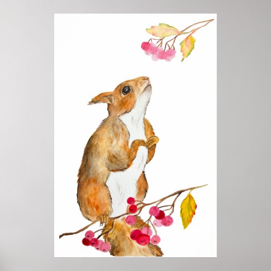 Poster Écureuil d'aquarelle drôle sur une branche avec de (Devant)