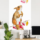Poster Écureuil d'aquarelle drôle sur une branche avec de (Bureau à domicile)