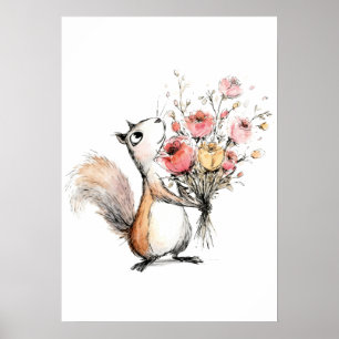 Poster Écureuil mignon avec bouquet de fleurs
