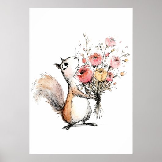 Poster Écureuil mignon avec bouquet de fleurs (Devant)