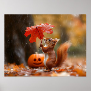 Poster Écureuil mignon avec parapluie à feuilles - Pluie 