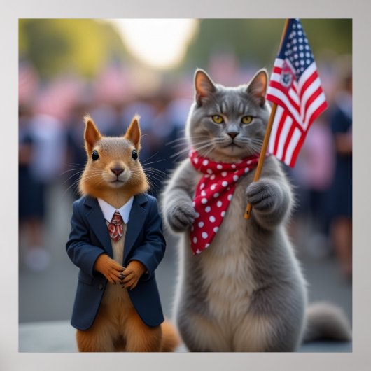 Poster Écureuil patriotique et chat (Devant)