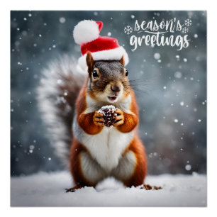 Poster Écureuil Père Noël de Noël avec Pinecone