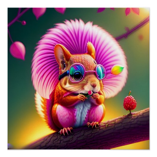 Poster Écureuil Rose Sur La Branche (Devant)