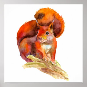Poster Écureuil Rouge D'Alerte Peint Sur Une Branche Rust