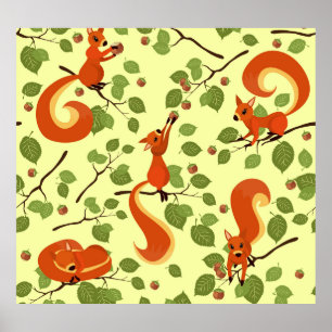 Poster Écureuil rouge dans des branches noisettes.