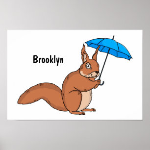 Poster Écureuil rouge mignon avec dessin animé parapluie