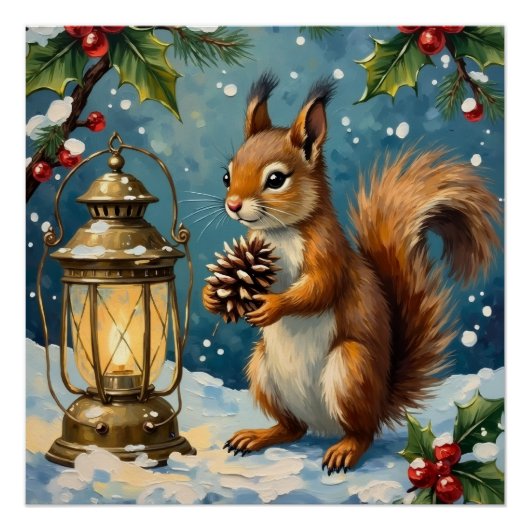 Poster Écureuil vintage avec lanterne de Noël en hiver (Devant)