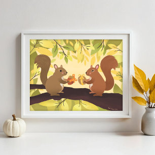 Poster Écureuils d'automne et Arbre jaune Imprimer