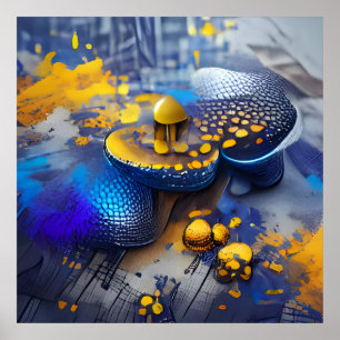 Poster Edgy Moderne Bleu Jaune Métallurgique Champignons 