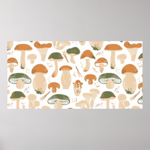 Poster Edible Mushrooms seamless pattern. Linocut old sty
