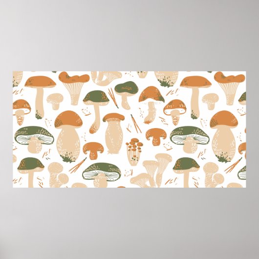 Poster Edible Mushrooms seamless pattern. Linocut old sty (Devant)