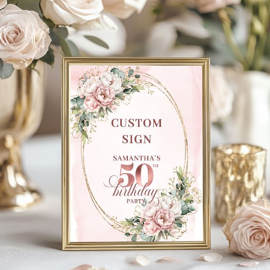 Poster Editable Elegant Blush Floral 50th Birthday Custom